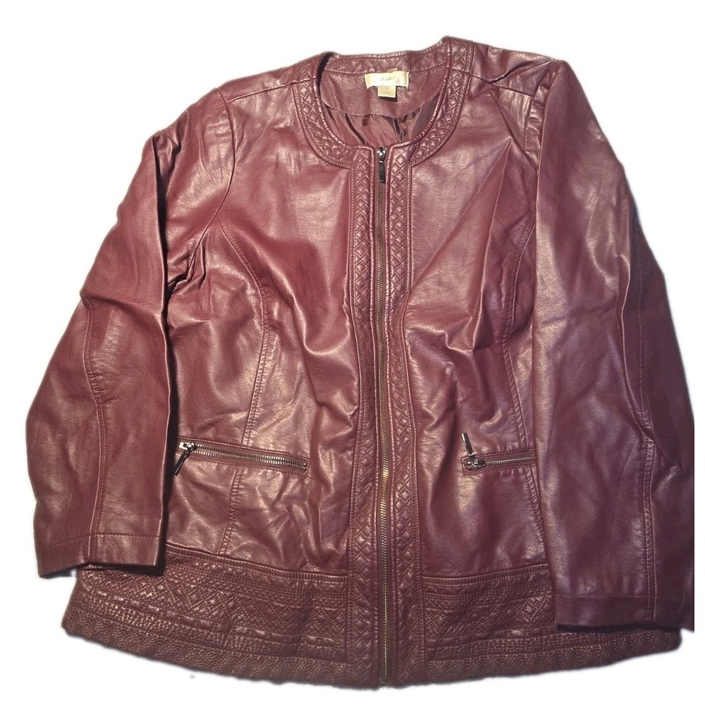 CJ Banks Jacket Womens 1X Plum Burgundy Faux Leather Full Zip Collarless Moto